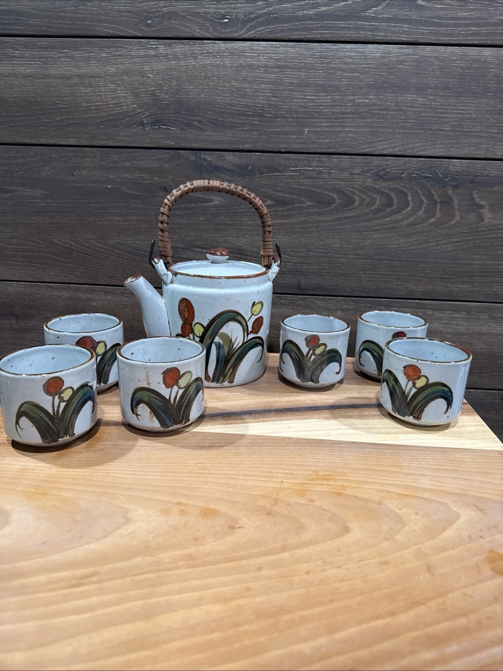 VTG Hand-Painted Stoneware Tea Set Made in Japan/ Green and Brown Floral Accents